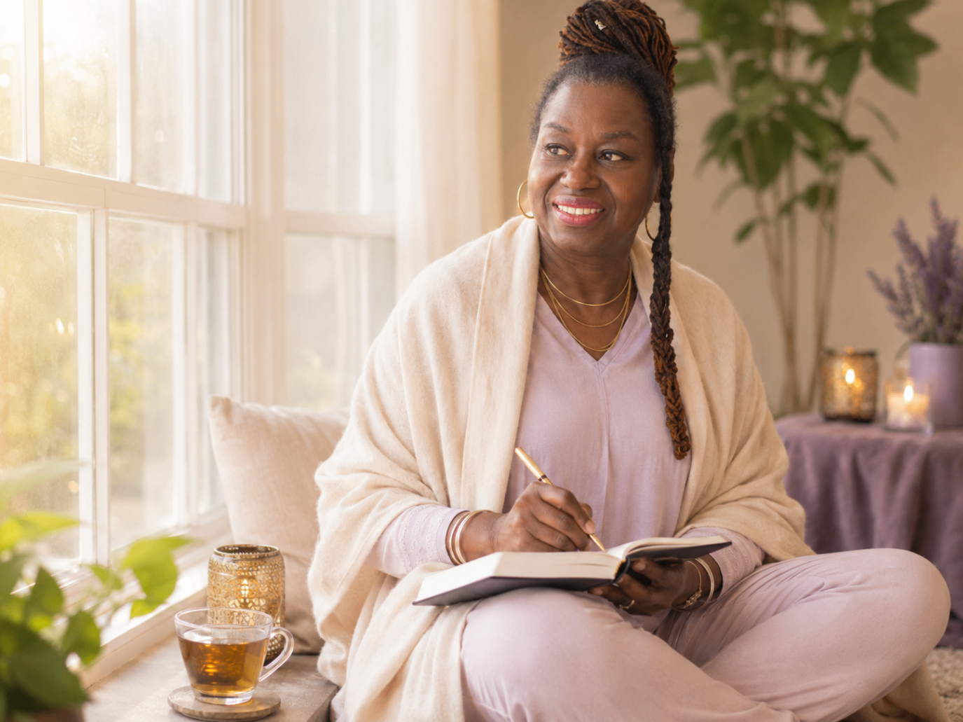 Hilary Rose journaling by a sunlit window