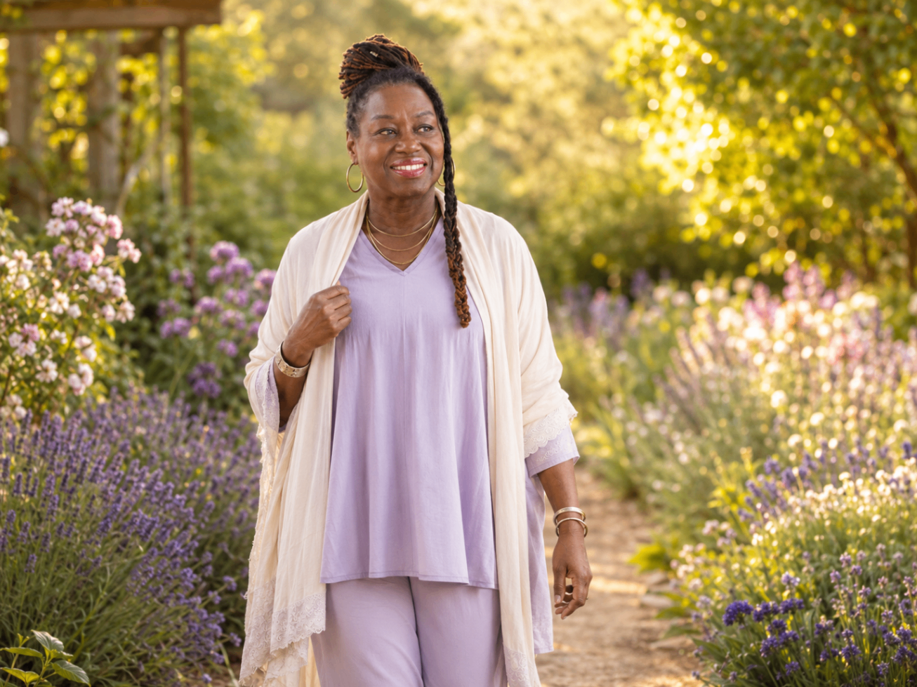 Slow morning walk through a lavender garden path